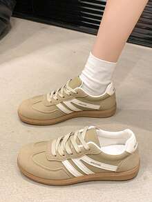Women's White Sneakers, Platform Casual Shoes, Thick Sole Non-Slip Leather Upper Student Shoes - Khaki - View 1