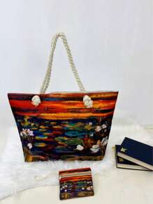 2024 New Summer Vacation Canvas Tote Bag For Women, Large Capacity, Fashion Printed One Shoulder Handbag - Monet 1 - View 2