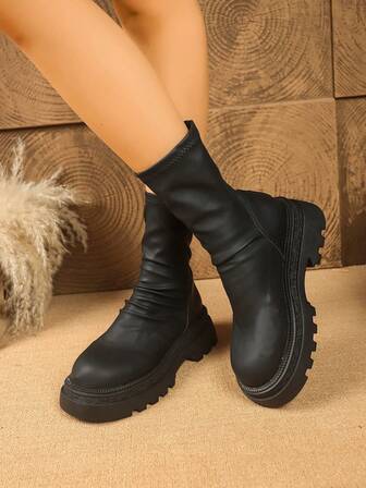 Women's Round Toe Chunky Heel Fashion Versatile Short Ankle Boots, Autumn/Winter