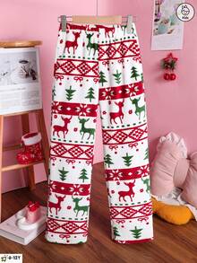 Mädchen modische und lässige Weihnachts-Plüsch-Muster bedruckte Hauskleidung Hose, weich, warm und bequem, gerade geschnittene Hose, sehr geeignet für Winterfeste, Partys und Zusammenkünfte