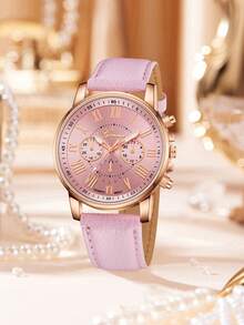 Bộ 10 chiếc đồng hồ nữ dây da PU nhiều màu sắc, kiểu dáng thời trang thường ngày, số La Mã, máy quartz, thích hợp đeo hàng ngày hoặc làm quà tặng ngày lễ. - Hoa hồng vàng - Xem 3