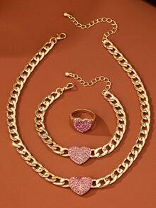 三角形粗链套装，镶嵌水钻心形吊坠的项链、手链和戒指套装，时尚优雅，适合派对、宴会和日常佩戴。 - 金黃色 - 查看 3