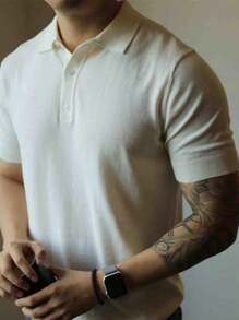 Men's Casual Everyday Solid Color Fitted Knit Polo Shirt, Spring/Summer - White - View 1