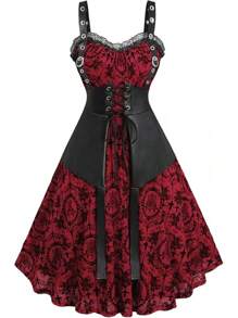 Halloween Costumes Rosegal Women Plus Size Gothic Lace-Up PU Leather Patchwork Flocking Midi Dress Buckles Lace Trim Vintage Goth Midi Dress