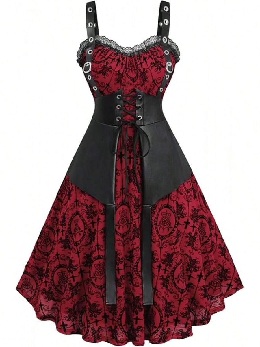 Halloween Costumes Rosegal Women Plus Size Gothic Lace-Up PU Leather Patchwork Flocking Midi Dress Buckles Lace Trim Vintage Goth Midi Dress