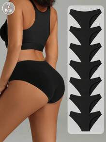 7pcs/Pack Women's Low Waist Black Cotton Ribbed Briefs, Comfortable, Minimalist, Soft & Skin-Friendly Underwear - Black - View 4