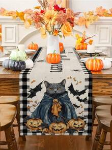 1 pièce/10 pièces Chemin de table motif chat citrouille d'Halloween, chemin de table de la récolte d'automne, décoration de maison saisonnière, style ferme, matériau similaire au lin, 33*91CM/33*183CM/33*274CM, 3 options de taille, fournitures pour fête d'intérieur et d'extérieur, décoration thème citrouille, décoration de chambre. Convient pour la décoration de cuisine à la maison et la décoration de fête - Multicolore - Voir 5