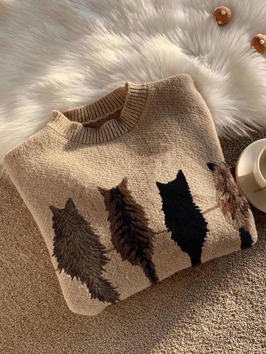 休闲猫咪图案落肩毛衣，秋冬 - 駝色 - 查看 1