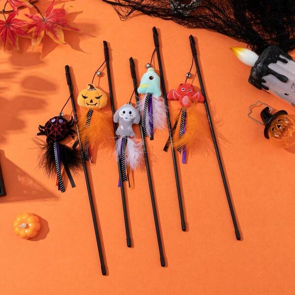 1pc Halloween Cat Teaser Doll, Cartoon Plush Cat Doll With Feather & Bell, New Halloween Cat Doll Series