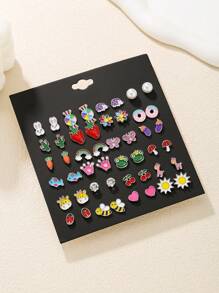 24 Pairs Cute Cartoon Stud Earrings Set, Including Rabbit, Candy, Donut, Cactus, Strawberry, Butterfly, Frog, Mushroom, Cherry, Bee, Ladybug, Rainbow Designs For Teenagers - one-size - View 2