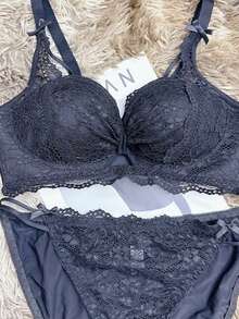 Underwear Underwear Set Embroidered Flower Thick Sexy Lace Gathered Cross Non-Wired - màu đen - Xem 2