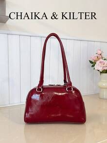 1件 CHAIKA & KILTER 女士纯色亮面PU皮革单肩包，时尚多口袋大容量波士顿保龄球包，带拉链封口，适合日常和户外使用（附赠吊坠） - 酒紅色 - 查看 10