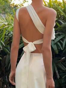 Women's 3D Flower Gorgeous Sequin Decor One Shoulder Sleeveless Bandeau Top Slim Fit Going Out Party Camisole - 白色 - 查看 6
