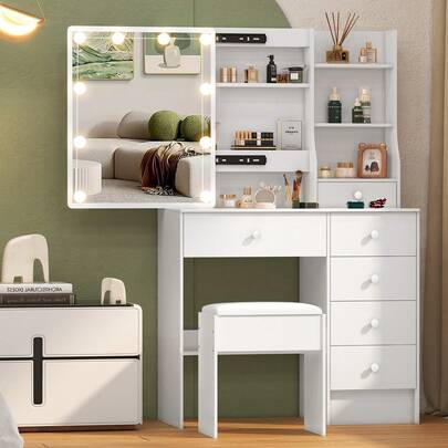 Teousev Dressing Table With Mirror, Vanity Table With Adjustable Brightness, With Stool, 6 Drawers And 6 Open Cabinets, 3 Colour, Open Compartments, White, For Women And Girl Gifts