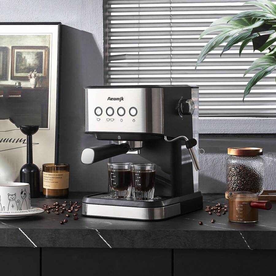 AEOMJK 20Bar 半自动意式咖啡机，配备蒸汽棒，可打奶泡，可制作拿铁、卡布奇诺和意式浓缩咖啡