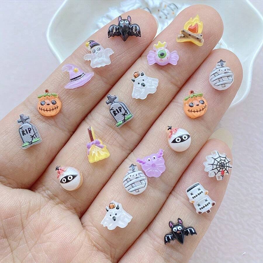 30/50/100pcs Mixed Cute Mini Halloween Resin Charms Set - Cartoon Ghosts, Pumpkins, Hats And Spiders, Suitable For DIY Nail Art, Scrapbooking And Jewelry Making, Unscented - Multicolor - View 1