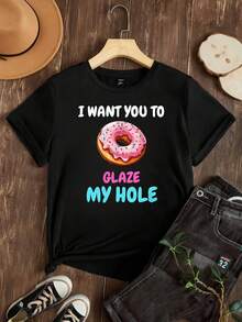 Women's T-Shirt Casual Round Neck Black White Options Donut Glaze My Hole Print Funny Graphic Tee Summer Daily Wear Shirts Summer Tops Graphic Tees Summer Outfits For Women Graphic Tees Women Crop Tops Tops For Women  Vintage Cotton Cute  Clothes Women - Black - View 2