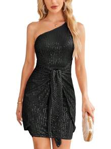 GRACE KARIN Womens Sequin Dress Cocktail One Shoulder Sleeveless Sparkly Tie Waist Party Mini Dresses