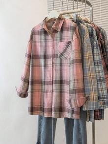 YUXIN Retro American Plaid Long Sleeve Shirt For Women, Chic Loose Fit Casual Blouse With Design Details, Suitable For Spring And Autumn