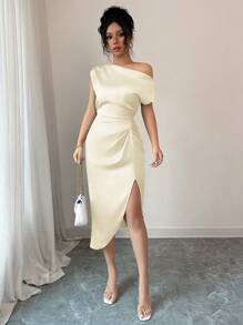 abyoxi Apricot Elegant Asymmetric Neckline Waist Pleated Satin Dress, Suitable For Dates, Birthday Parties, Weddings, Homecoming And Other Occasions, New Women's Fashion - Apricot - View 6