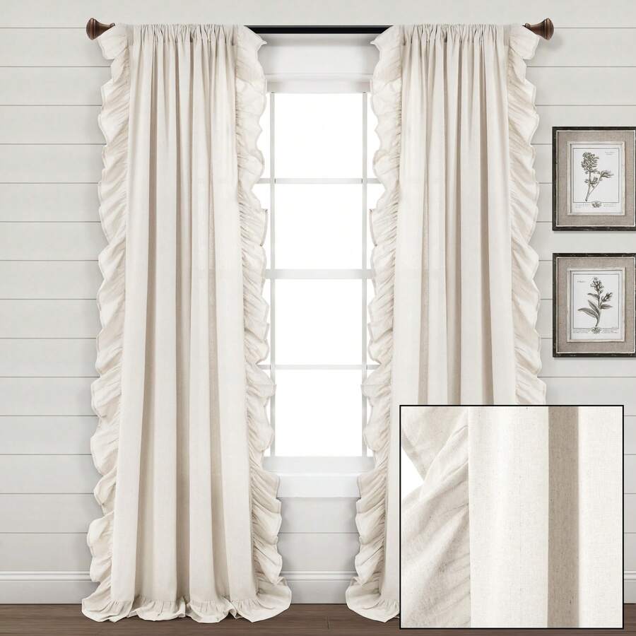 LUSH DECOR Linen Ruffle Window Curtain Panel Single White 54X84+5 Halloween-Fall Decor-Room Decor - Off White - Xem 1