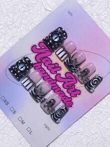 春夏鸭嘴造型手工Y2K时尚美甲贴纸，裸色、红色、棕色、法式美甲、豹纹、十字架、爱心图案可选，10片/套，3种尺寸可选，适合派对、婚礼和日常佩戴，包含工具包，是送给女性和女孩的绝佳美甲礼物，手工美甲贴片。 - 黑色 - 查看 3