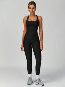 MASKERT 两件套女士运动套装，健身服，瑜伽套装，跑步运动背心套装，高弹力运动服，休闲运动服，亲肤舒适 - 黑色 - 查看 6