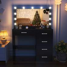 Black Vanity Makeup Desk Dressing Table With 11 LED Lighting Mirror & 5 Drawers - Black - View 2