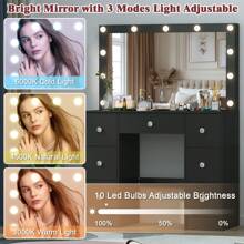 Vanity Makeup Desk Large Dressing Table 11 LED Bulbs Lighted Mirror And 7 Drawer - 黑色 - 查看 8