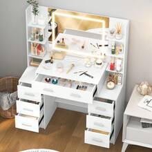 Extra Large Dressing Table W/LED Lights Mirror 7 Drawer White Vanity Makeup Desk - White - View 3
