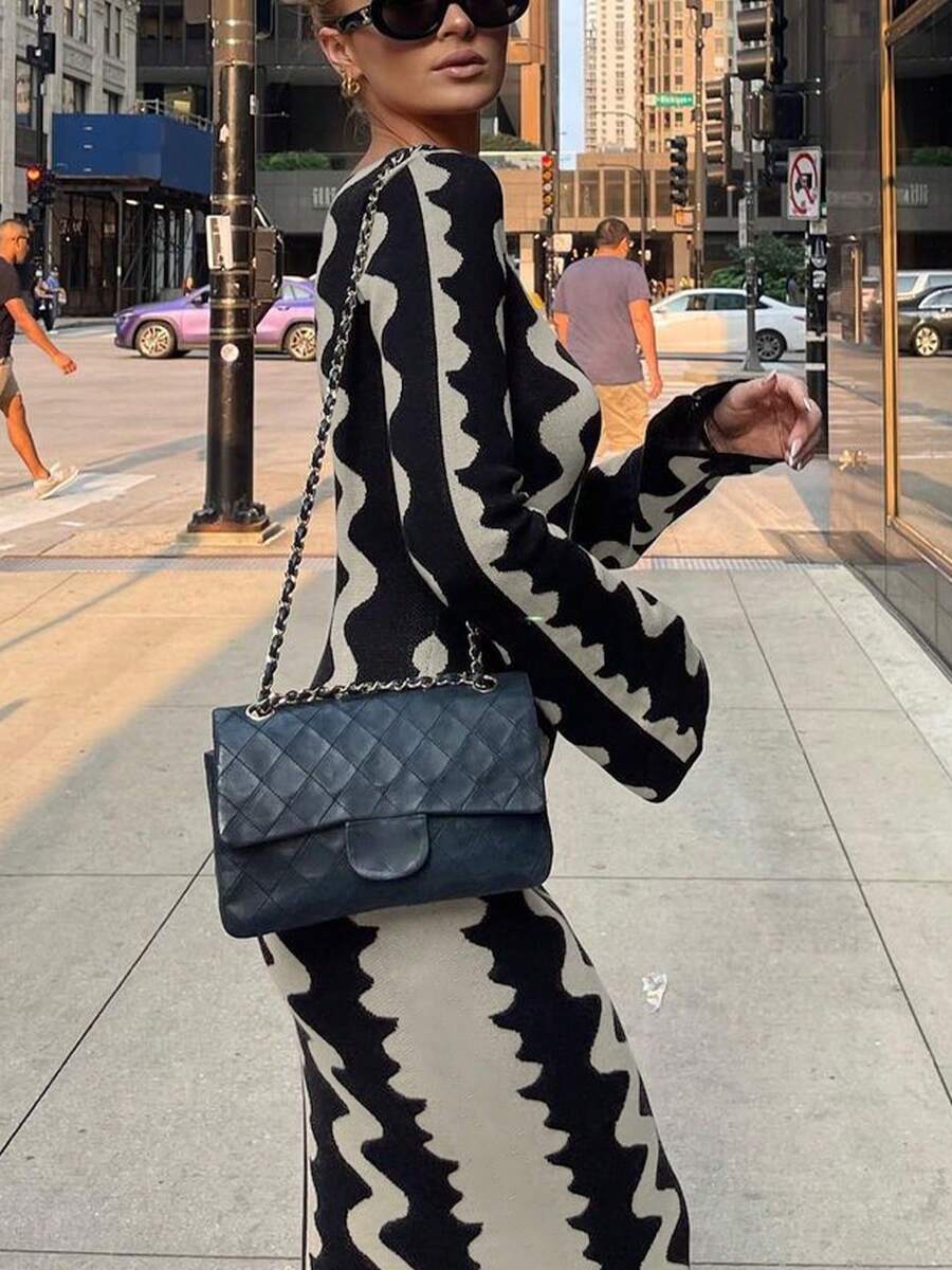 女士冬季毛衣：优雅复古波浪提花针织长喇叭袖修身毛衣裙秋冬女装、长款派对礼服、优雅派对礼服、优雅、时尚、街头服饰。 - 黑色 - 查看 1