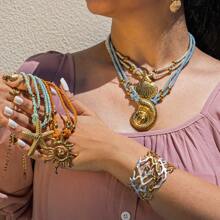 1pc Multi-Layer Colorful Thick Rope Starfish & Seashell Stainless Steel Necklace, Suitable For Women's Daily Vacation Wear