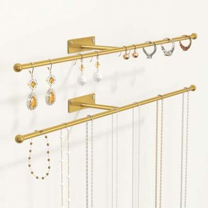 Wall Hanging Jewelry Organizer: 12.6'' Necklace Holder Earring, Bracelet, Rings, Hairband, Glasses, Gold 2-Pack, Screws Included