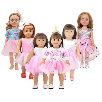 1pc 18-Inch Reborn Baby Doll Dress, Pink Tulle Skirt With Unicorn, Flamingo, Butterfly, Rabbit Patterns, Fashionable & Cute Summer Doll Clothes, Children's Toy Doll Accessories, Birthday Gift, Holiday Party