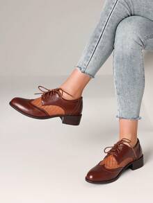 Women's Pointed Toe Lace-Up Brogue Pumps Fashion Mixed Colors Patchwork Block Chunky Heel British Style Flat Oxford Shoes - Nâu B - Xem 4