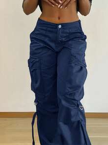 Y2K街头风翻盖口袋带细节宽松休闲阔腿降落伞工装裤 - 深藍色 - 查看 5