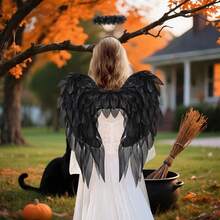Halloween White Angel Wings With Halo And Fairy Stick, Black Feathered Angel Costume Suitable For Male And Female Cosplay - màu đen - Xem 3
