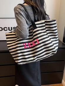 1pc Customized Striped Canvas Tote Bag, Printable With Your Name, Large Capacity Commuter Handbag, College Style Fits A4 Textbooks, Thick Canvas Anti-Wrinkle, Suitable For Office Ladies, Mothers, Beach Trips, Christmas Gift - Black and White - View 2