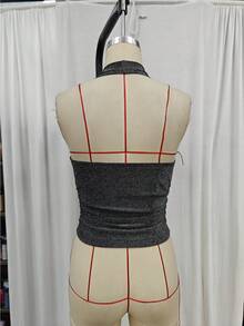 Black Metallic Shiny Collar Halter Backless Ruched Fitted Sexy Tank Top - Black - View 3