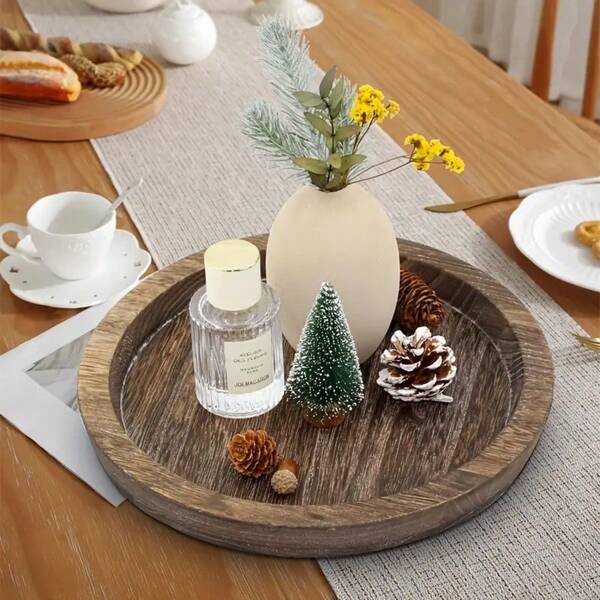 1pc Round Rustic Wooden Candle Tray, Wooden Serving Tray, Rustic Farmhouse Table Centerpiece Decorations, Perfect For Wedding Decorations, Halloween Decorations, Christmas Decorations, Christmas Gifts, Birthday Gifts, Party Decorations, Birthday Decorations, Room Decor, Home Decor, Bathroom Decor, Bedroom Accessories, Home Accessories And Holiday Essential For Women Storage Organizer Travel Holiday Essential Fall Decor Autumn Halloween