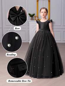 Tween Girl Black Mesh Handmade Beaded Bow Party Dress, Elegant Princess Dress Suitable For Girls Birthday Party, Banquet, Prom, Masquerade Ball, Flower Girl, Holiday Celebration - Black - View 3