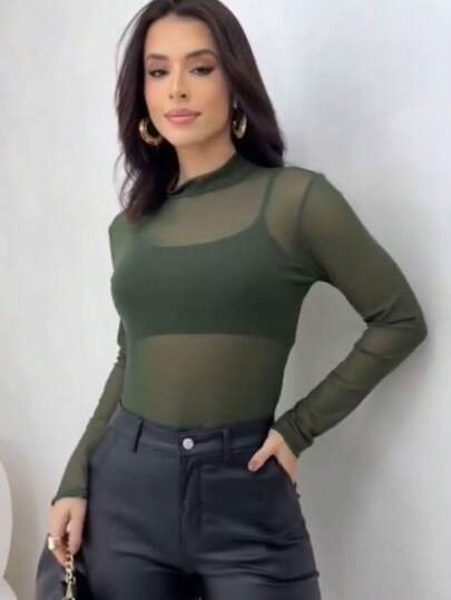 Body Feminino Manga Longa Festa Em TecidoTule