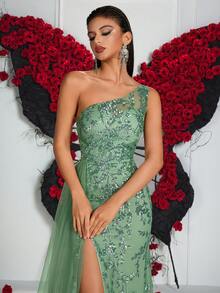 Elisanya Sequin Embroidered High Waist Long Chiffon Ribbon Backless Party Dress (Embroidery Placement Random) - Green - View 8