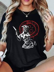 1pcs Women's Horror Nurse Graphic Print T Shirt 220g Casual Summer 100% Cotton Round Neck Tee Gothic Style - 黑色 - 查看 1