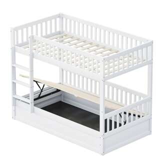 Lit superposé enfant 90*200 bois massif système de rangement hydraulique, lit de rangement robuste et durable pour enfant blanc