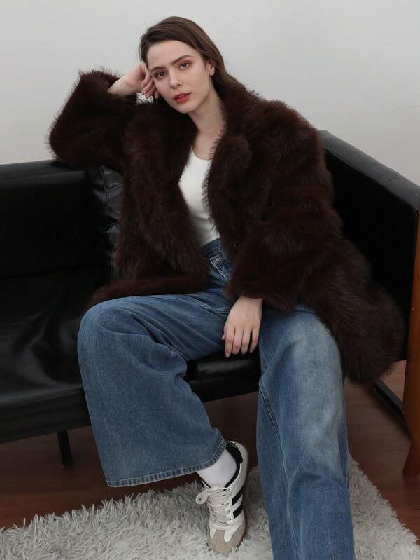 Abrigo de mujer vintage de piel sintética sólida, estilo holgado y casual, de manga larga con solapa, para invierno, grueso y cálido, estilo oversize