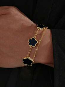 1pc Men's Lucky Clover Beaded Bracelet, Stylish Business Casual Wristband, Everyday Wear & Gift Valentines,Mom,Mother,Mother's Day,Gift(Random Beads For The First Layer) - Gold and Black Bracelet - View 2