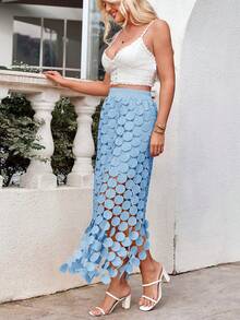 Womens High Waisted Hollow Out Maxi Skirts Fringe Hem Long Fit Skirt Summer Wear - 淺藍色 - 查看 5