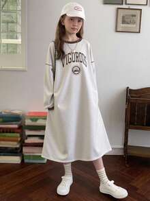 DAZY Vestido recto con cuello redondo y forro térmico para niña preadolescente en temporada de otoño - Gris - Ver 6