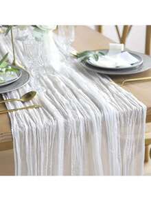 1pc Crinkle Table Runner, Balinese Gauze Table Topper, Gauze Tablecloth, Bohemian Rustic Autumn/Winter Decor, Wedding, Bridal Shower, Holiday Party, All Season - White - View 19
